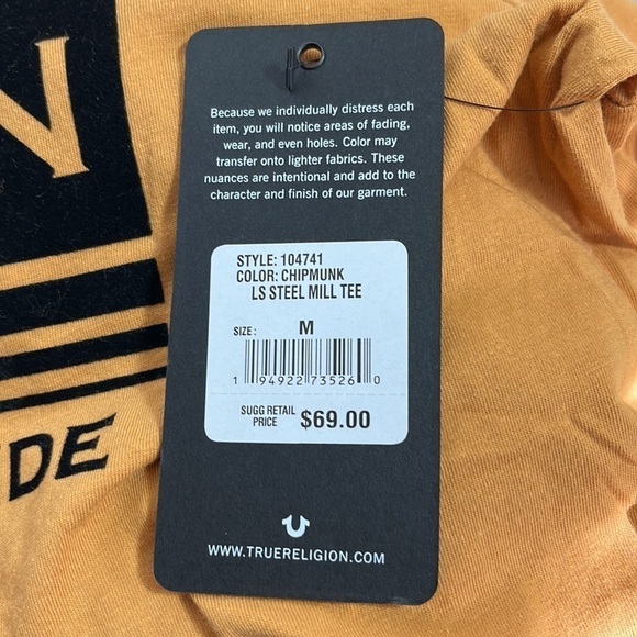 True Religion Tee Shirt Men's M Gold Black Logo Long Sleeve Stretch Knit NWT - Picture 5 of 13